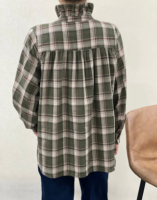 Forest Reversible Check Blouse with Pleated Collar - Khaki