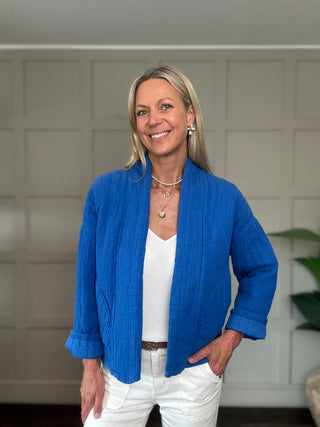 Daylar Cotton Jacket with Subtle Vertical Stitch, Side Pockets &amp; No Fastening - Bright Green, Khaki, Navy, Royal Blue, Stone