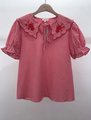 Eliza Gingham Short Sleeve Blouse with Peter Pan Collar  - Red