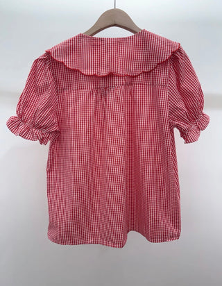 Eliza Gingham Short Sleeve Blouse with Peter Pan Collar  - Red