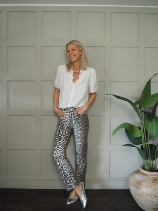 Elcot SHORT Sleeve Blouse with V Neckline and Frill Detail - Baby Blue, Black, Off White, Yellow