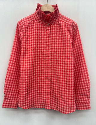 Sienna Checked Blouse with High Ruffle Collar - Coral/Pink