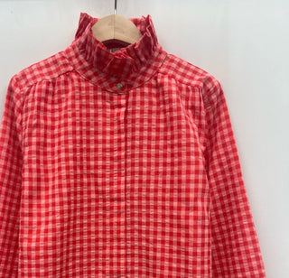 Sienna Checked Blouse with High Ruffle Collar - Coral/Pink