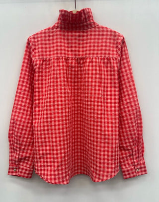 Sienna Checked Blouse with High Ruffle Collar - Coral/Pink