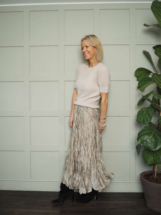 Fleur Short Sleeve Jumper with Enamel Flower Buttons on Cuffs - Khaki and Oatmeal