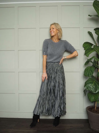 Fleur Short Sleeve Jumper with Enamel Flower Buttons on Cuffs - Khaki and Oatmeal