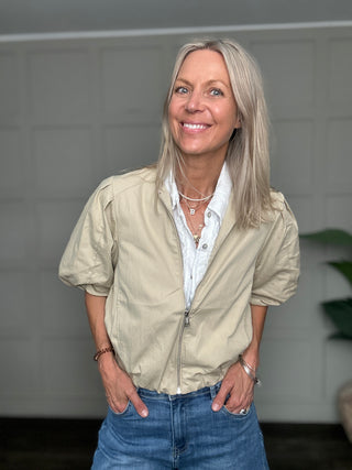 Rebecca Bomber Jacket with Cropped Bubble Sleeves - Fawn, Khaki