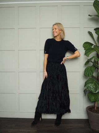 Fleur Short Sleeve Jumper with Enamel Flower Buttons on Cuffs - Khaki and Oatmeal