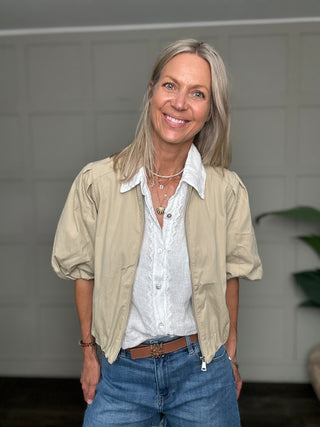 Rebecca Bomber Jacket with Cropped Bubble Sleeves - Fawn, Khaki