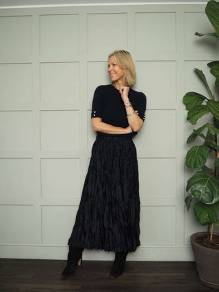 Fleur Short Sleeve Jumper with Enamel Flower Buttons on Cuffs - Khaki and Oatmeal