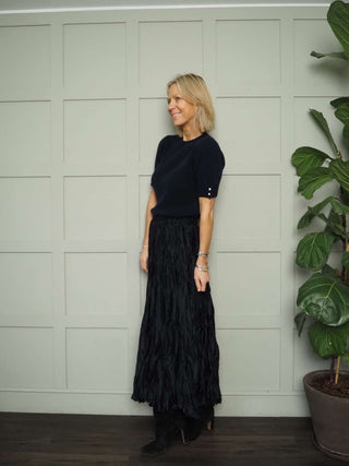 Fleur Short Sleeve Jumper with Enamel Flower Buttons on Cuffs - Khaki and Oatmeal