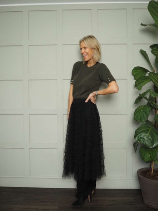 Fleur Short Sleeve Jumper with Enamel Flower Buttons on Cuffs - Khaki and Oatmeal