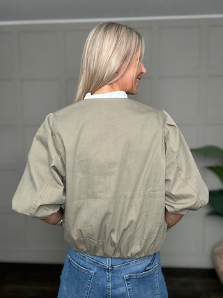 Rebecca Bomber Jacket with Cropped Bubble Sleeves - Fawn, Khaki