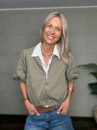 Rebecca Bomber Jacket with Cropped Bubble Sleeves - Fawn, Khaki
