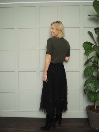 Fleur Short Sleeve Jumper with Enamel Flower Buttons on Cuffs - Khaki and Oatmeal