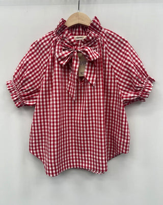 Katie Gingham Blouse with Bow - Navy Blue, Red