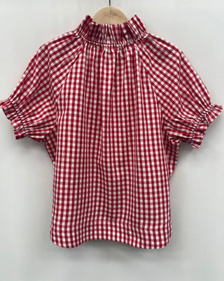 Katie Gingham Blouse with Bow - Navy Blue, Red
