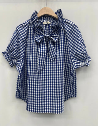 Katie Gingham Blouse with Bow - Navy Blue, Red