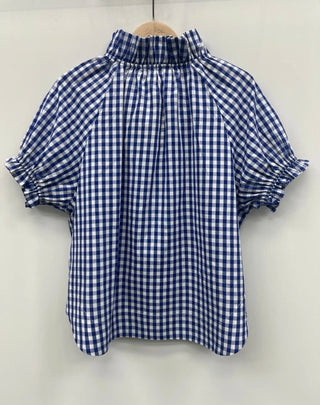 Katie Gingham Blouse with Bow - Navy Blue, Red