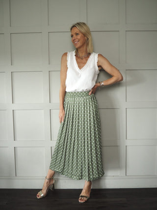 Julia Pleated Skirt - Green with White Dot Pattern