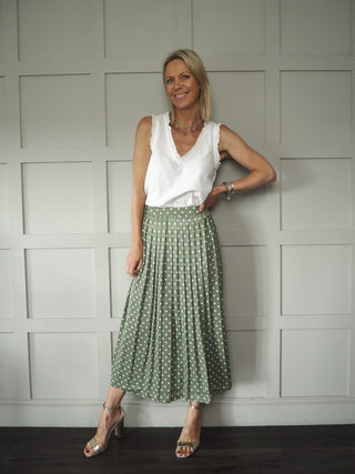 Julia Pleated Skirt - Green with White Dot Pattern