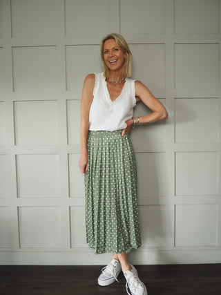 Julia Pleated Skirt - Green with White Dot Pattern