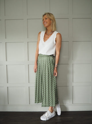 Julia Pleated Skirt - Green with White Dot Pattern