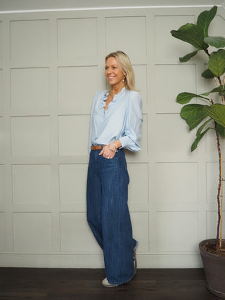 Elcot LONG Sleeve Blouse with V Neckline and Frill Detail - Baby Blue, Burgundy, Off White, Yellow