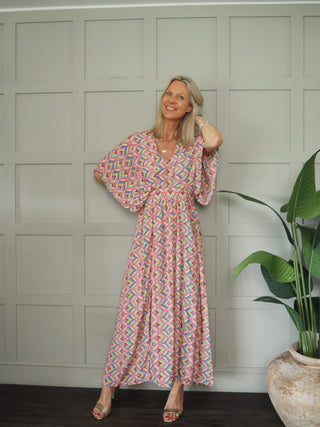 Kiara Silky Feel Maxi Dress with Angel Sleeves - Multicoloured