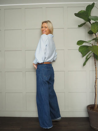 Elcot LONG Sleeve Blouse with V Neckline and Frill Detail - Baby Blue, Burgundy, Off White, Yellow