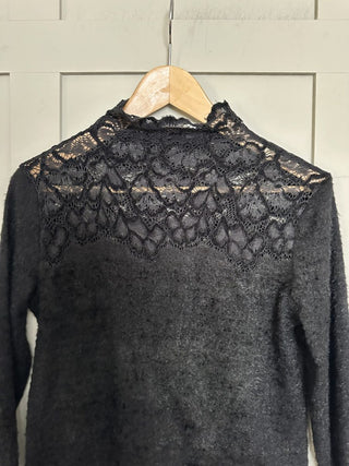 Eloisa Soft Jumper with Lace Cuffs and Collar - Black and Off White