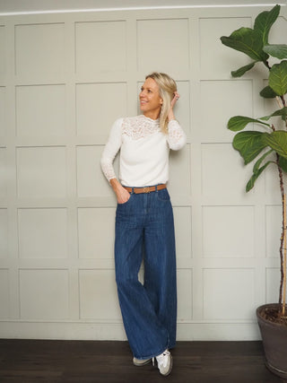 Eloisa Soft Jumper with Lace Cuffs and Collar - Black and Off White