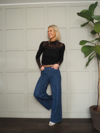 Eloisa Soft Jumper with Lace Cuffs and Collar - Black and Off White