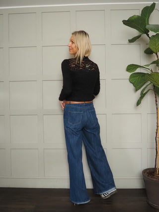 Eloisa Soft Jumper with Lace Cuffs and Collar - Black and Off White