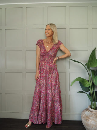 Formentera Maxi Dress with Tiered Skirt - Blue, Pink