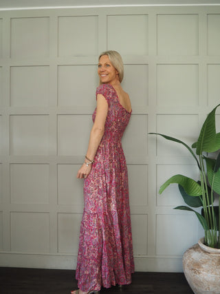 Formentera Maxi Dress with Tiered Skirt - Blue, Pink