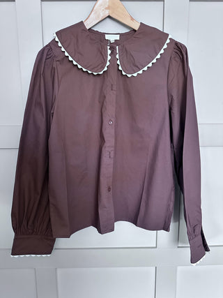 Evan Blouse with Peter Pan Collar with Rick Rack Detail - Chocolate
