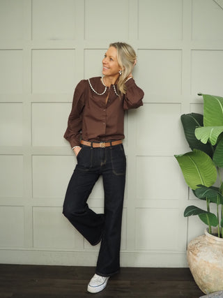 Evan Blouse with Peter Pan Collar with Rick Rack Detail - Chocolate