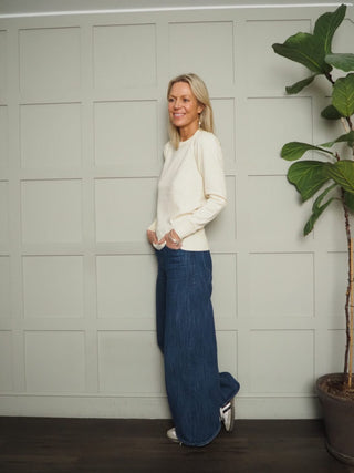 Oasis Round Neck Lightweight Jumper with Ribbing Detail by Saint Tropez - Baby Pink, Blue, Buttermilk and Ecru