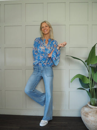 Ballet Blouse with Floral Pattern - Cobalt Blue, Coral, Green, Navy Blue