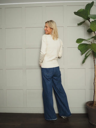 Oasis Round Neck Lightweight Jumper with Ribbing Detail by Saint Tropez - Baby Pink, Blue, Buttermilk and Ecru