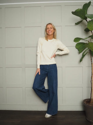 Oasis Round Neck Lightweight Jumper with Ribbing Detail by Saint Tropez - Baby Pink, Blue, Buttermilk and Ecru