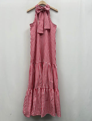 Daisy Gingham Halter Neck Dress with Bow Detail - Blue, Red