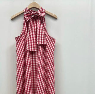 Daisy Gingham Halter Neck Dress with Bow Detail - Blue, Red