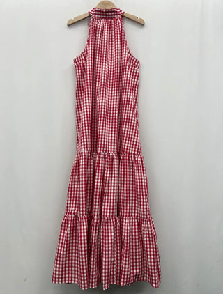 Daisy Gingham Halter Neck Dress with Bow Detail - Blue, Red