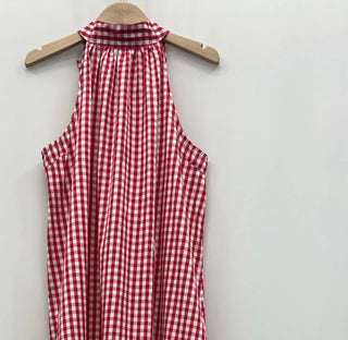 Daisy Gingham Halter Neck Dress with Bow Detail - Blue, Red