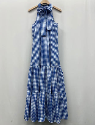 Daisy Gingham Halter Neck Dress with Bow Detail - Blue, Red