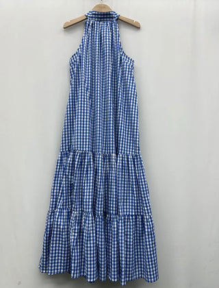 Daisy Gingham Halter Neck Dress with Bow Detail - Blue, Red