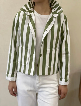 Rye Stripe Cotton Jacket with Pleated Collar - Khaki/White, Navy/White, Tan/White