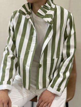 Rye Stripe Cotton Jacket with Pleated Collar - Khaki/White, Navy/White, Tan/White